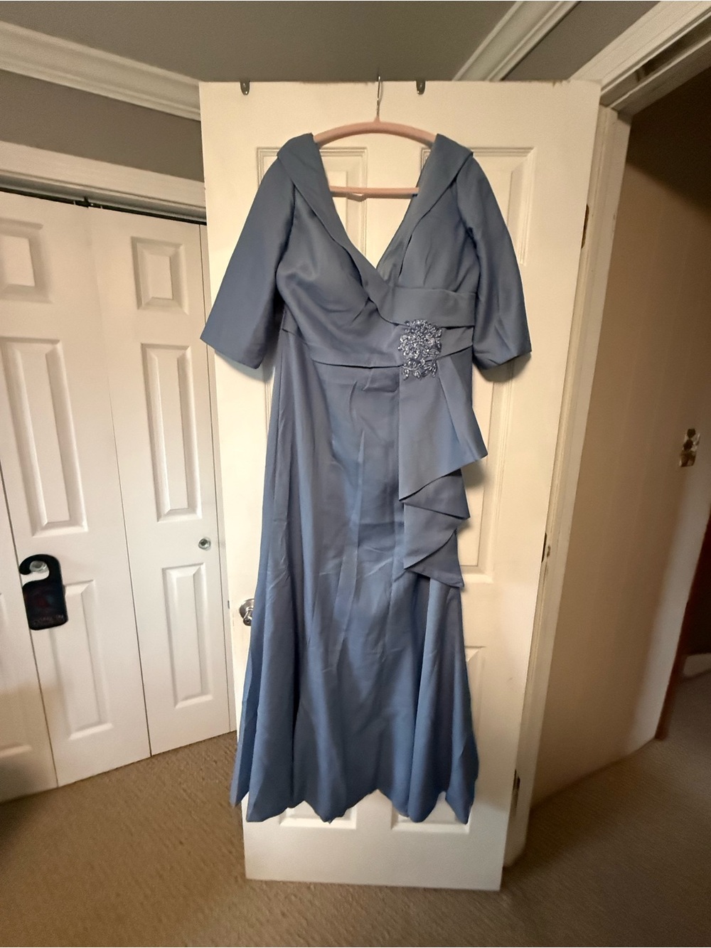 Satin Steel-Blue V-Neck Wedding Guest Dress with Draped Side Detail